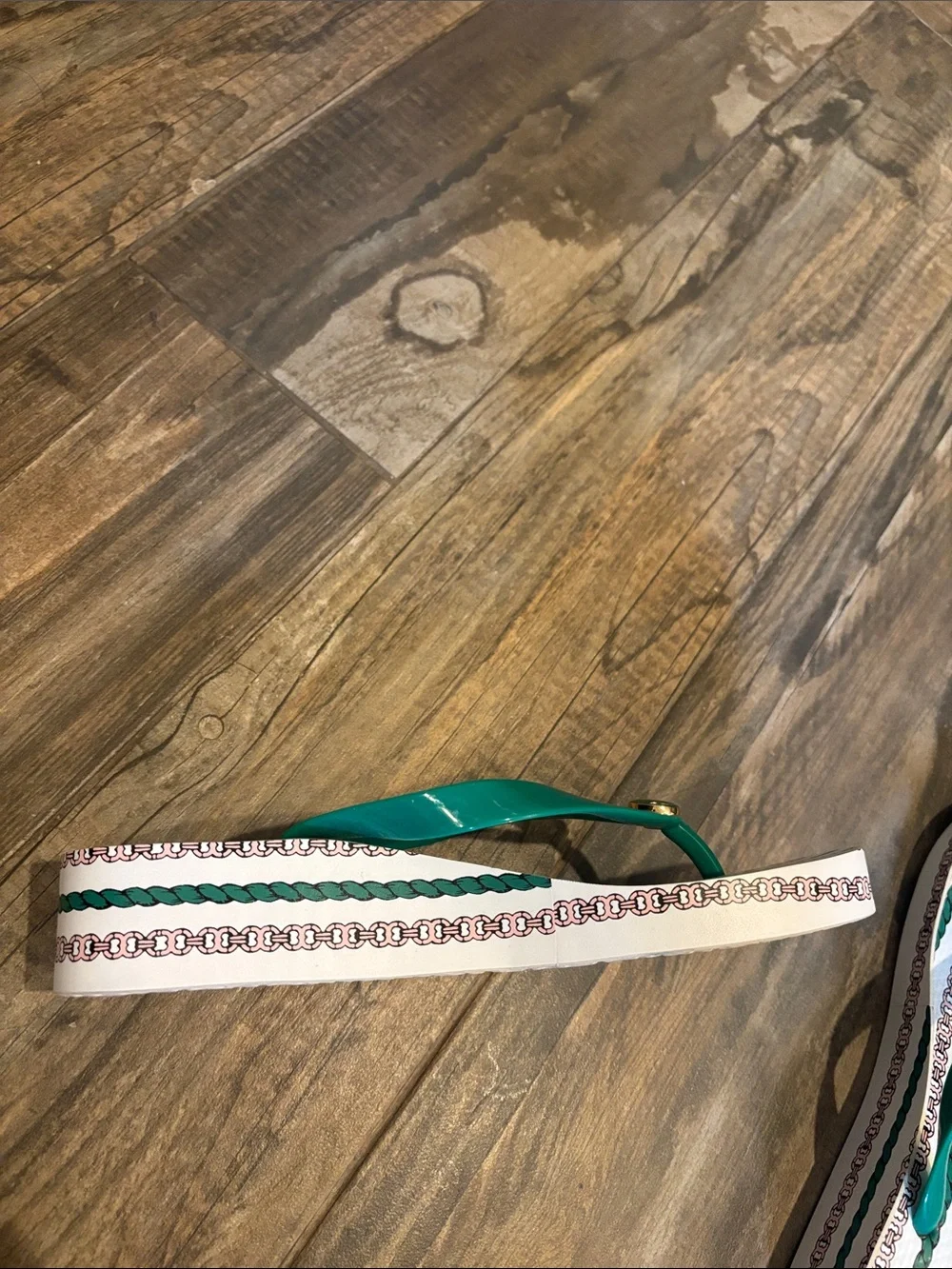 Tory Burch White Footbed Flip Flops with Green Straps